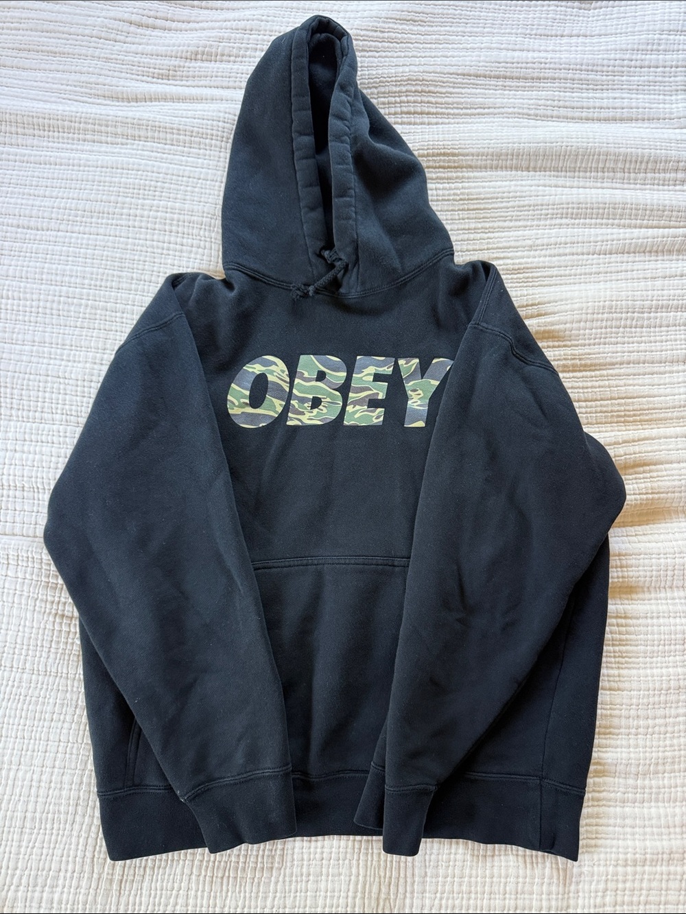 Obey Black Hoodie with Green Camo Logo Print